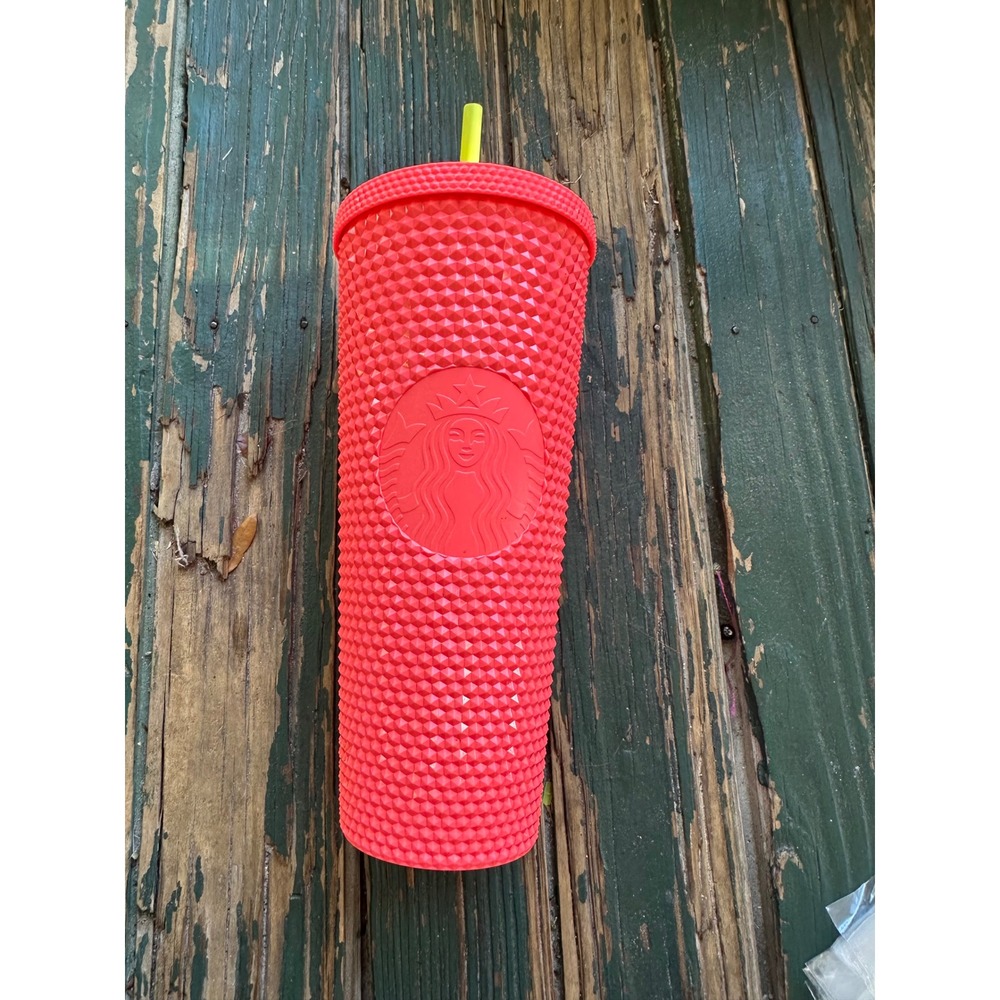 Starbucks Studded Tumbler 24oz Neon Coral Pink Venti Cold Cup with Green Straw